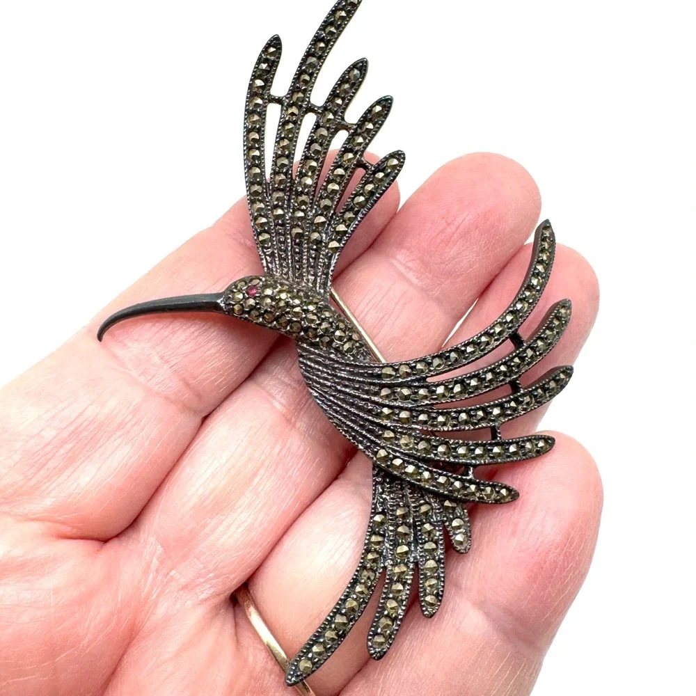 Judith Jack Sterling Silver and Marcasite Brooch Vintage Hummingbird Pin